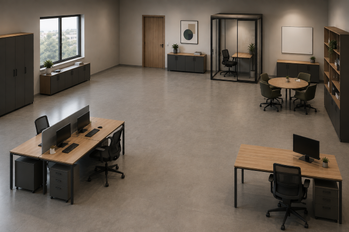 Office with misbalanced furniture placement